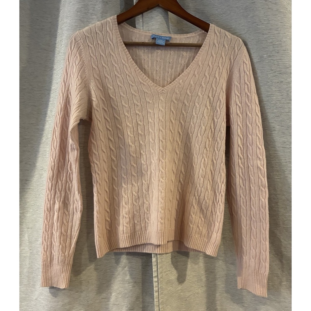 White + Warren Cashmere V-Neck Sweater Size Large Minimalist Luxury Pink